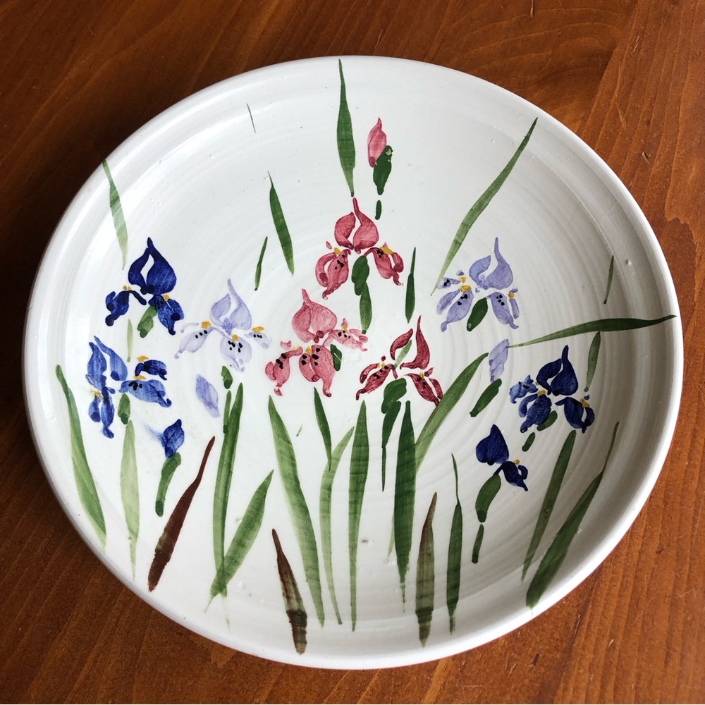 Vintage 80's Ceramic Pottery Bowl Iris Decoration - 9 1/4"